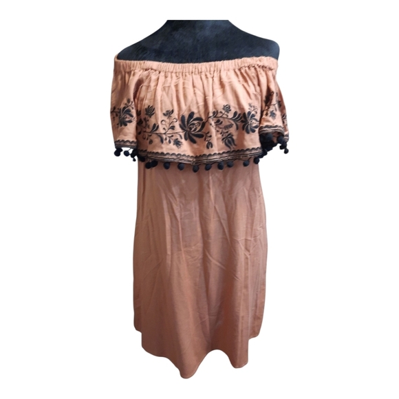 Umgee Tan Off-Shoulder Dress with Black Embroidery Med - Picture 10 of 11